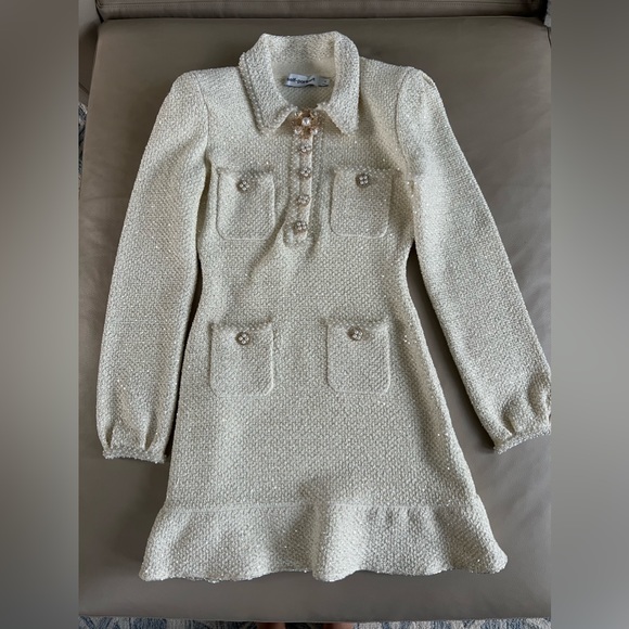 Self-Portrait Cream Embellished sequined bouclé-knit mini dress Size:M - Picture 3 of 5